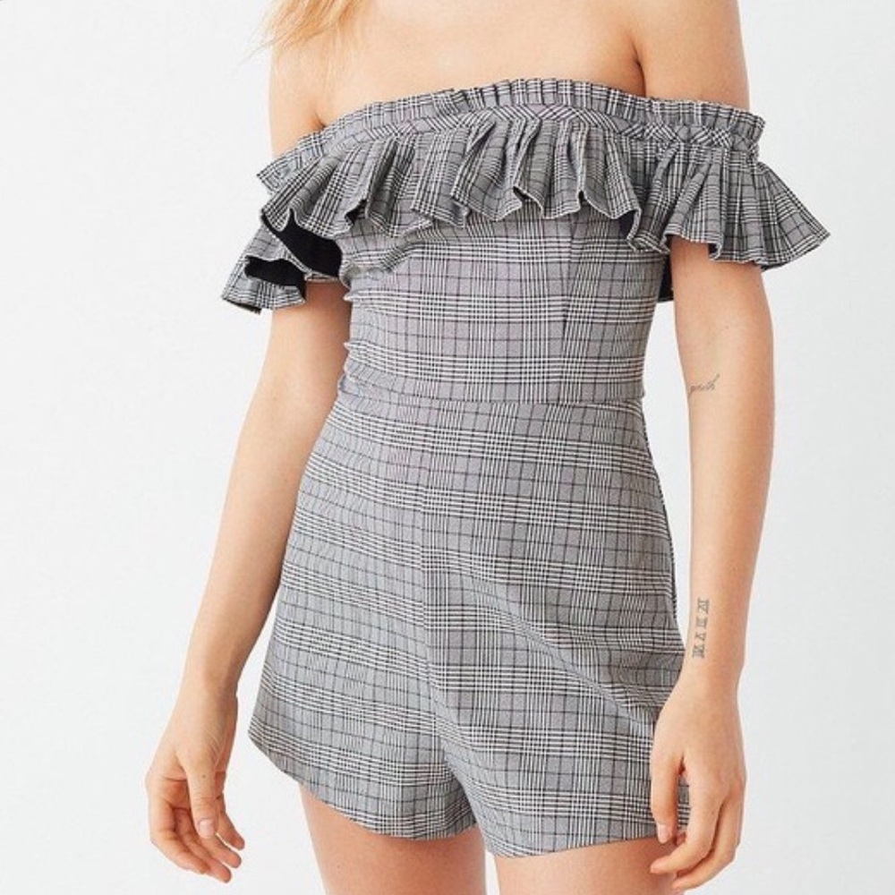 Urban Outfitters plaid off the shoulder romper